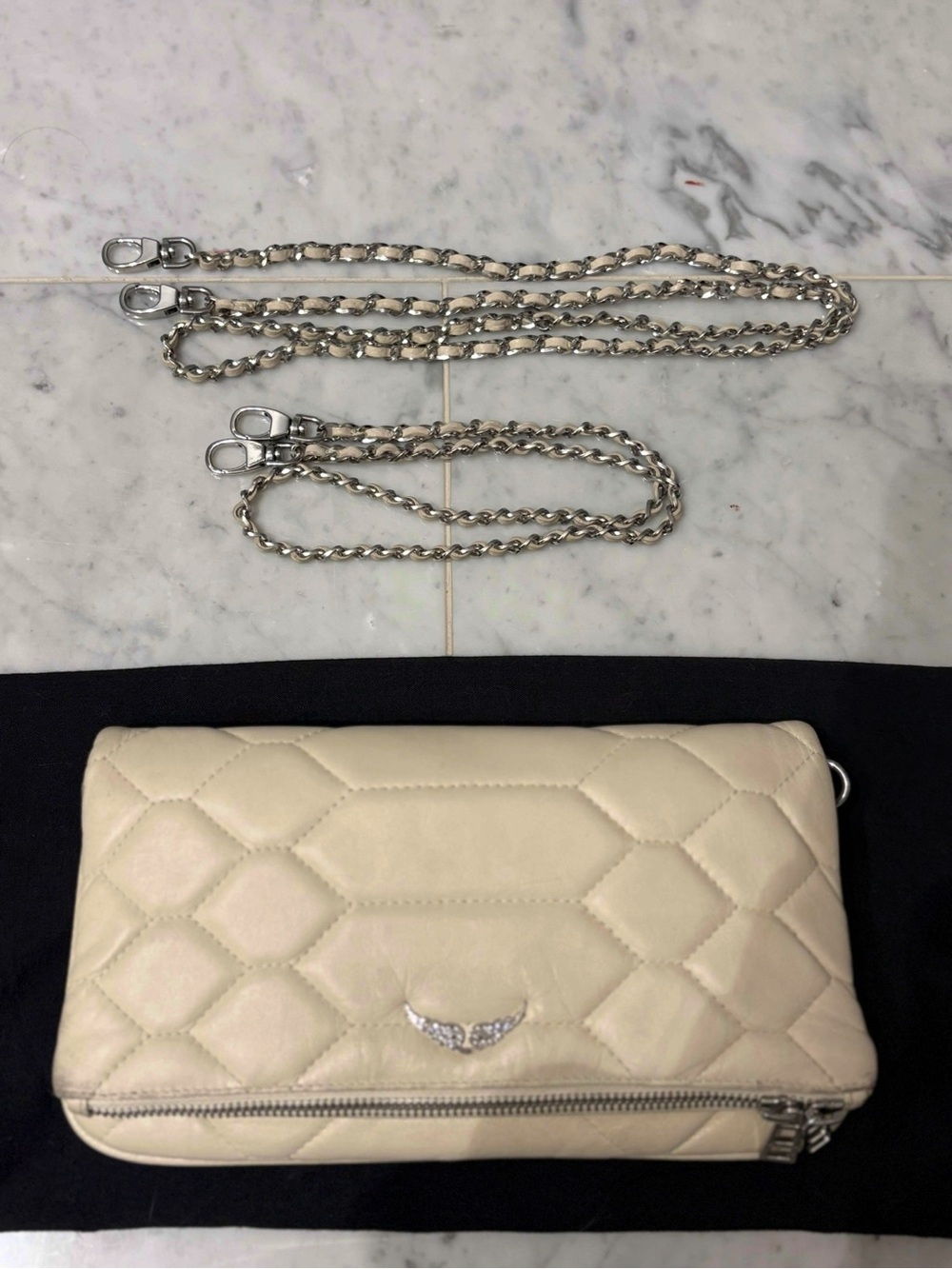 Zadig & Voltaire Rock Quilted Leather Bag Cream + 2 Silver Chains